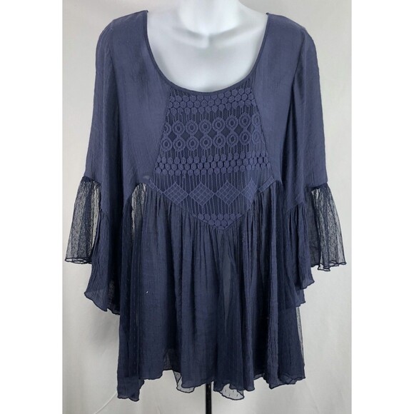 Unbranded Tops - Vintage Flowy Mesh Lace Top M/L Blue 3/4Flutter Sleeve whimsigoth Boho Hippie